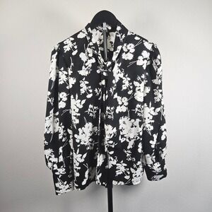 Moosta Floral Pussybow Blouse Womens M Black White Long Sleeve Puffed Shoulder